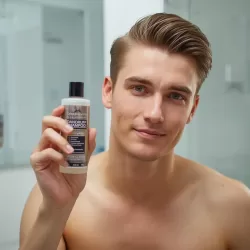 Homem segurando o melhor shampoo anticaspa.
