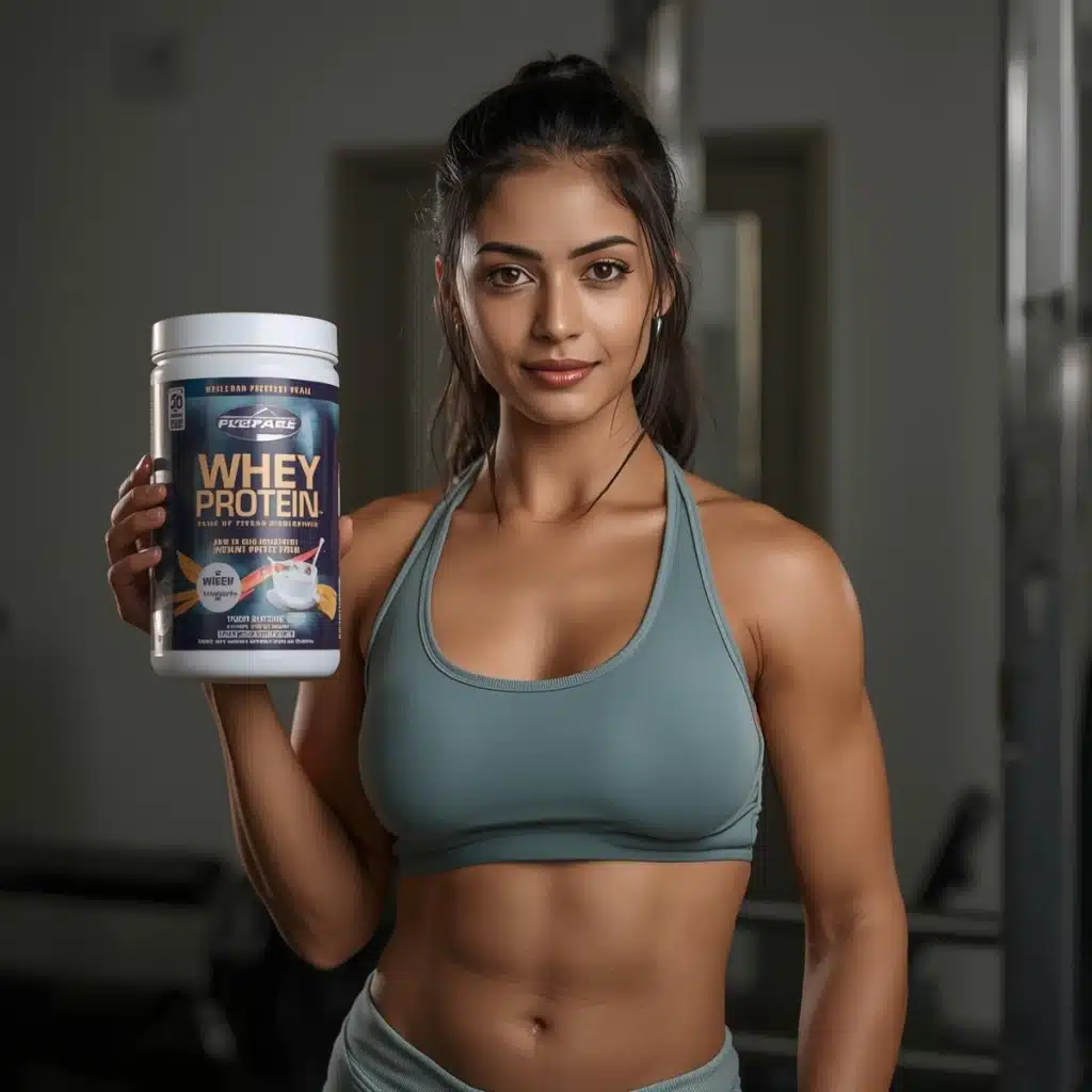 Mulher segurando pote do melhor whey protein.