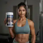 Mulher segurando pote do melhor whey protein.