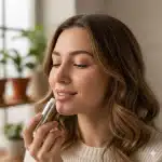 Mulher aplicando hidratante labial em casa.