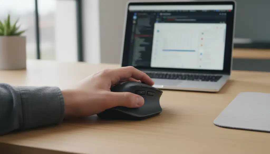 Pessoa usando um mouse sem fio Bluetooth ergonômico em uma mesa de trabalho organizada.