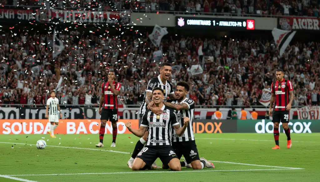 Corinthians x Athletico PR onde assistir hoje? Jogadores disputam bola em campo, simbolizando a intensidade do confronto do Brasileirão.