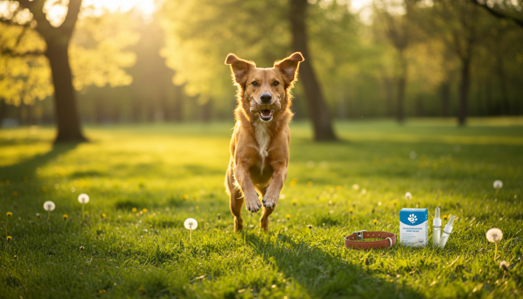 Cachorro feliz e protegido de pulgas e carrapatos com produtos antiparasitários.