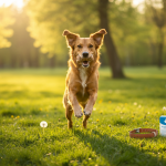 Cachorro feliz e protegido de pulgas e carrapatos com produtos antiparasitários.