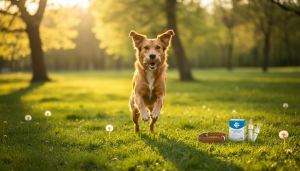 Cachorro feliz e protegido de pulgas e carrapatos com produtos antiparasitários.