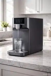 melhor filtro de água de cor cinza grafite elegante numa bancada branca