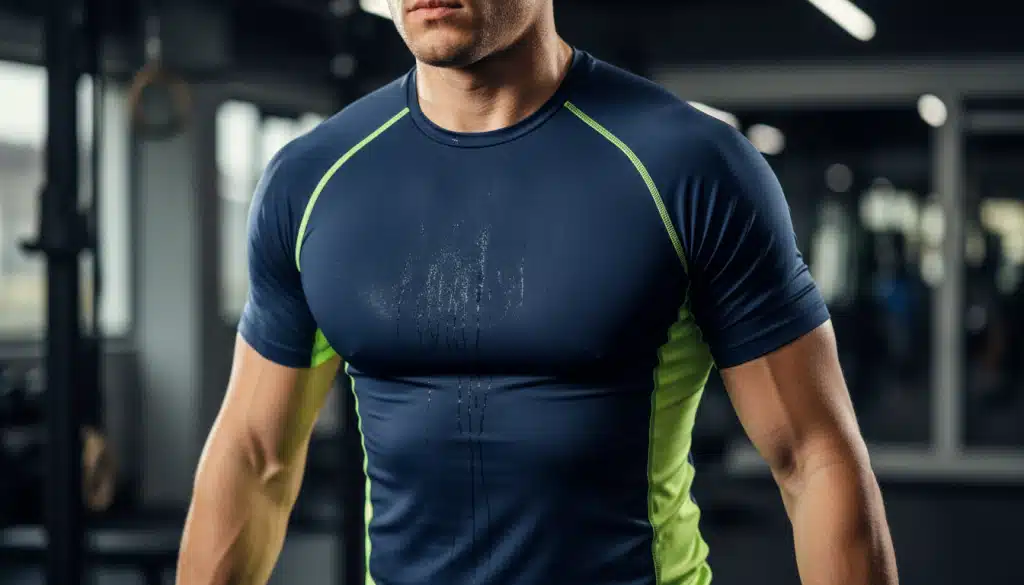 Atleta usando o melhor kit camisa dry-fit em treino na academia, mostrando conforto e alta performance.