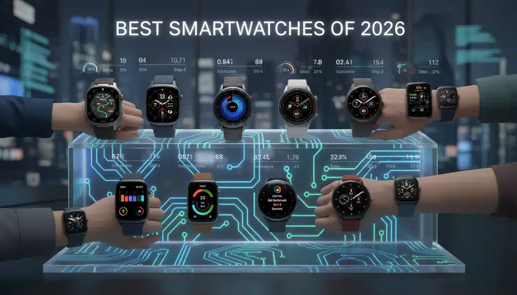 Coleção dos melhores smartwatches modernos de diversas marcas exibidos em uma superfície tecnológica, representando a comparação de modelos de 2026.