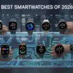 Coleção dos melhores smartwatches modernos de diversas marcas exibidos em uma superfície tecnológica, representando a comparação de modelos de 2026.