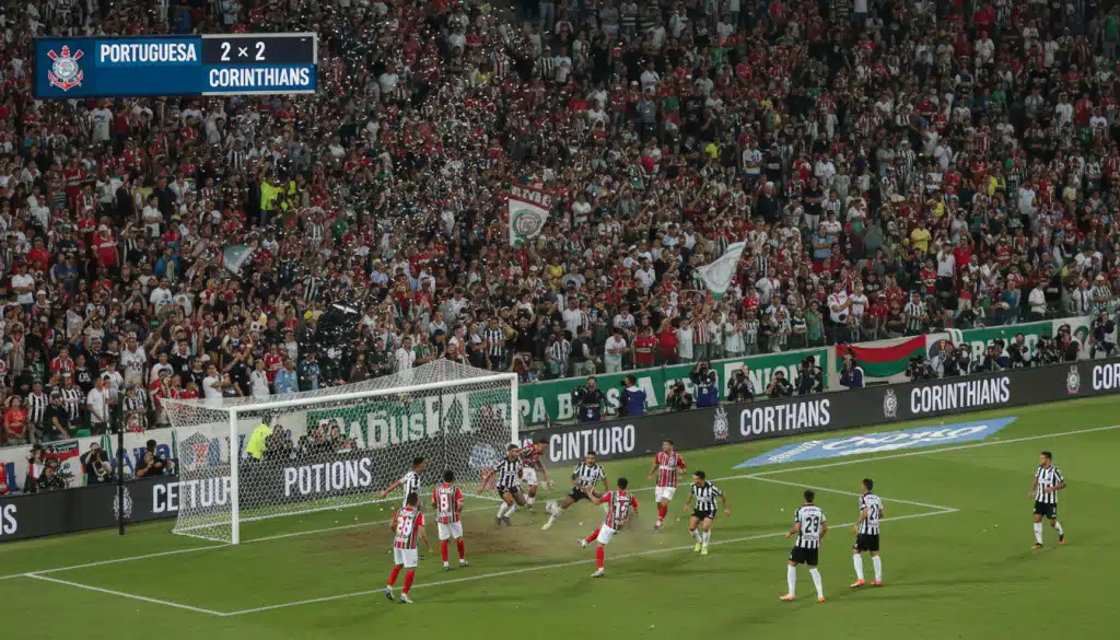 Jogadores de Portuguesa e Corinthians disputando a bola em campo durante um empate no Paulistão 2025.