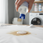 Pessoa aplicando tira manchas de roupas em uma peça manchada, com outros produtos de limpeza ao redor