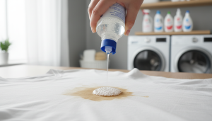 Pessoa aplicando tira manchas de roupas em uma peça manchada, com outros produtos de limpeza ao redor